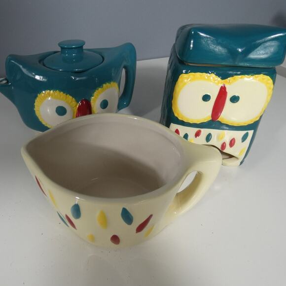 MSRF, Inc. Design Studio Retro Owl Teapot Teacup Teabag Holder Ceramic Set - Picture 2 of 5